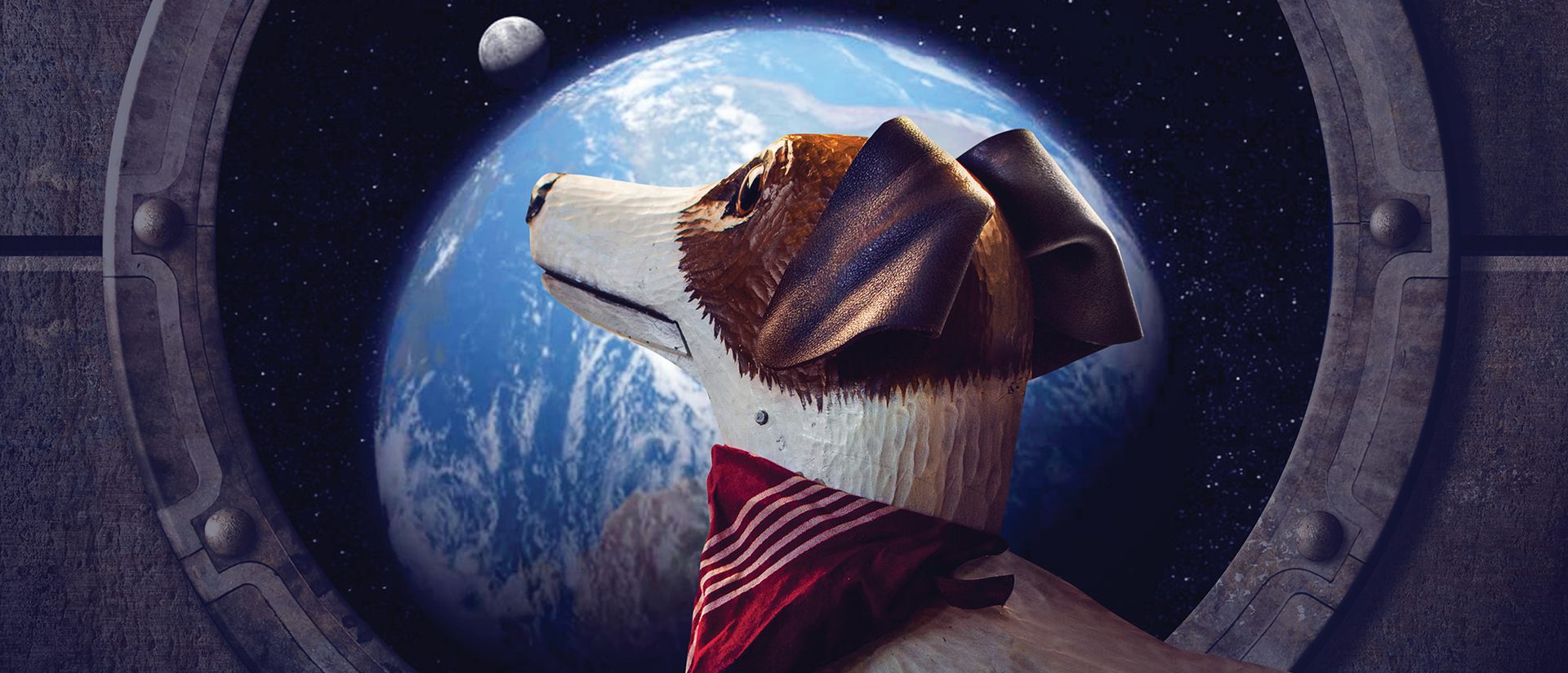 A wooden dog is looking out a rocket window where you can see the earth and the moon