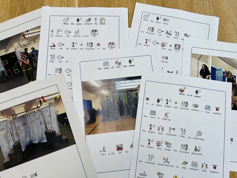 Seven sheets of white paper are scattered across a wood table. Social stories and pictures of opera sets are printed on the papers.
