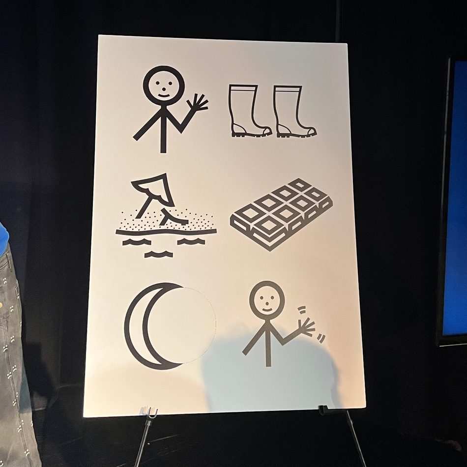 A white board with black Makaton symbols on a plastic stand.