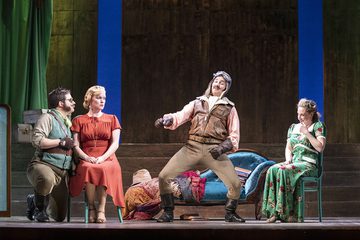 Guglielmo and Ferrando show off to Despina and Fiordiligi. Thomas Elwin, Joanna Skillett, Frederick Long, Martha Jones