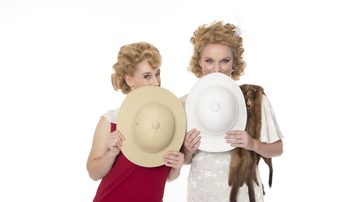 Season artwork for ETO's Così fan tutte, two sisters dressed in 1920's clothes, they are holding two hat's that explorers might wear, they are using them to hide their faces and are playfully peeking over the tops of the hats.